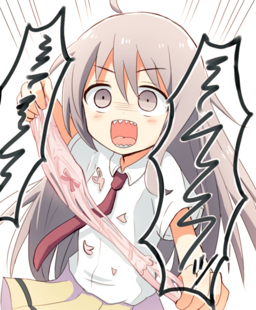 1girl, :d, ahoge, bags_under_eyes, bangs, blush, bow, bow_panties, collared_shirt, commentary_request, cosplay, crazy_smile, emphasis_lines, eyebrows_visible_through_hair, grey_eyes, grey_hair, hair_between_eyes, holding, holding_clothes, holding_panties, holding_underwear, hoshi_shouko, idolmaster, idolmaster_cinderella_girls, kuroki_tomoko, kuroki_tomoko_(cosplay), long_hair, looking_to_the_side, necktie, nmemoton, open_mouth, panties, parody, pink_panties, pleated_skirt, purple_neckwear, ripping, school_uniform, sharp_teeth, shirt, shirt_tucked_in, short_sleeves, simple_background, skirt, smile, solo, standing, tearing_clothes, teeth, tongue, torn_clothes, trait_connection, underwear, watashi_ga_motenai_no_wa_dou_kangaetemo_omaera_ga_warui!, white_background, white_shirt, yellow_skirt