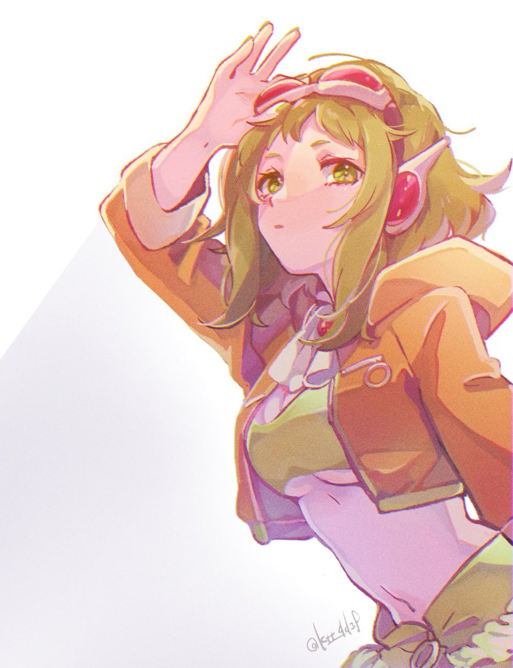 1girl, breasts, brooch, commentary, crop_top, english_commentary, goggles, goggles_on_head