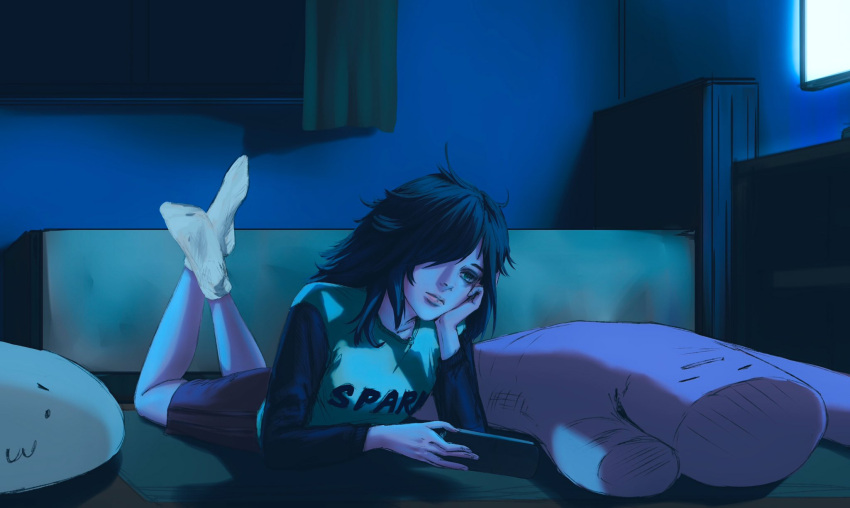 1girl, bags_under_eyes, bangs, bed, bedroom, black_hair, black_shorts, casual, cellphone, closed_mouth, commentary, curtains, dark, english_commentary, english_text, feet_up, full_body, green_eyes, green_shirt, hair_over_one_eye, hand_on_own_cheek, hand_on_own_face, highres, holding, holding_phone, honeybunny-art, indoors, kuroki_tomoko, lips, long_hair, long_sleeves, looking_at_phone, looking_down, lying, messy_hair, no_shoes, on_bed, on_stomach, phone, pink_lips, raglan_sleeves, shadow, shirt, shorts, socks, solo, stuffed_toy, watashi_ga_motenai_no_wa_dou_kangaetemo_omaera_ga_warui!, white_legwear, window