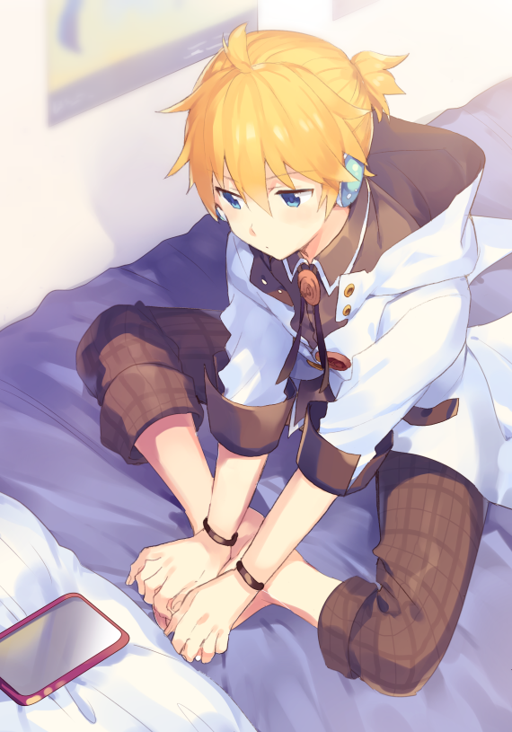 1boy, aqua_nails, barefoot, bed, black_pants, blonde_hair, blue_eyes, bracelet, commentary, digital_media_player, expressionless, feet_together, foreshortening, from_above, headphones, holding_own_foot, hood, hooded_jacket, jacket, jewelry, kagamine_len, male_focus, nail_polish, on_bed, pants, poster_(object), project_diva_(series), short_ponytail, sinaooo, sitting, solo, spiky_hair, vocaloid, white_edge_(module), white_jacket
