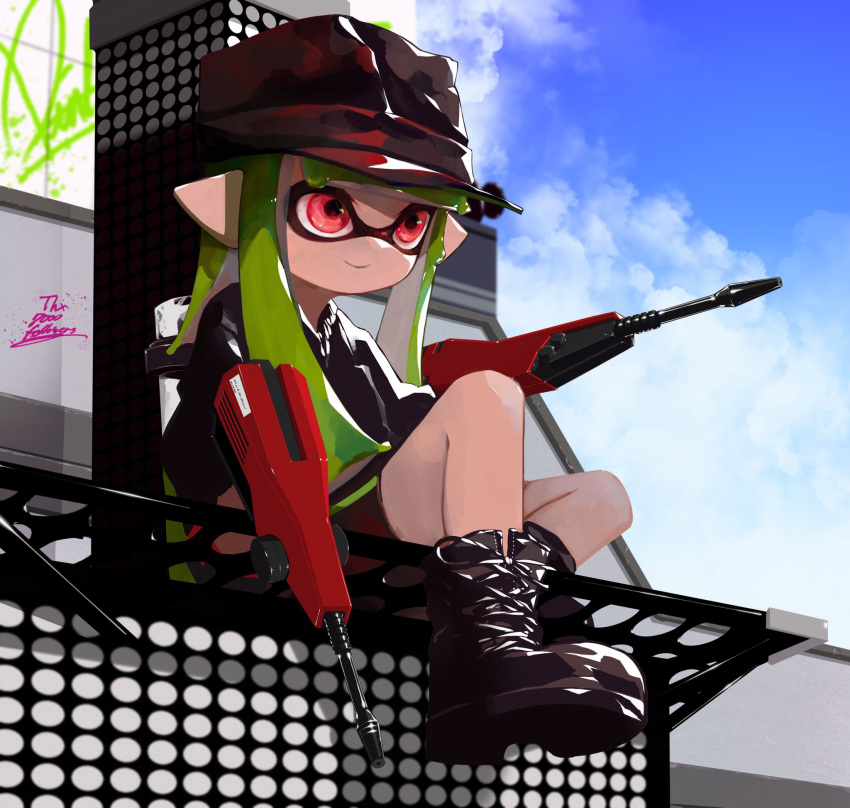 1girl, bangs, bike_shorts, black_footwear, black_jacket, black_shorts, blue_sky, blunt_bangs, boots, closed_mouth, clouds, cloudy_sky, commentary, cross-laced_footwear, day, domino_mask, dual_wielding, dualie_squelcher_(splatoon), english_commentary, english_text, graffiti, green_hair, hat, highres, holding, ink_tank_(splatoon), inkling, jacket, lace-up_boots, long_hair, long_sleeves, looking_to_the_side, mask, mhxbump, milestone_celebration, outdoors, pointy_ears, red_eyes, red_headwear, shorts, single_vertical_stripe, sitting, sky, smile, solo, splatoon_(series), splatoon_2, tentacle_hair
