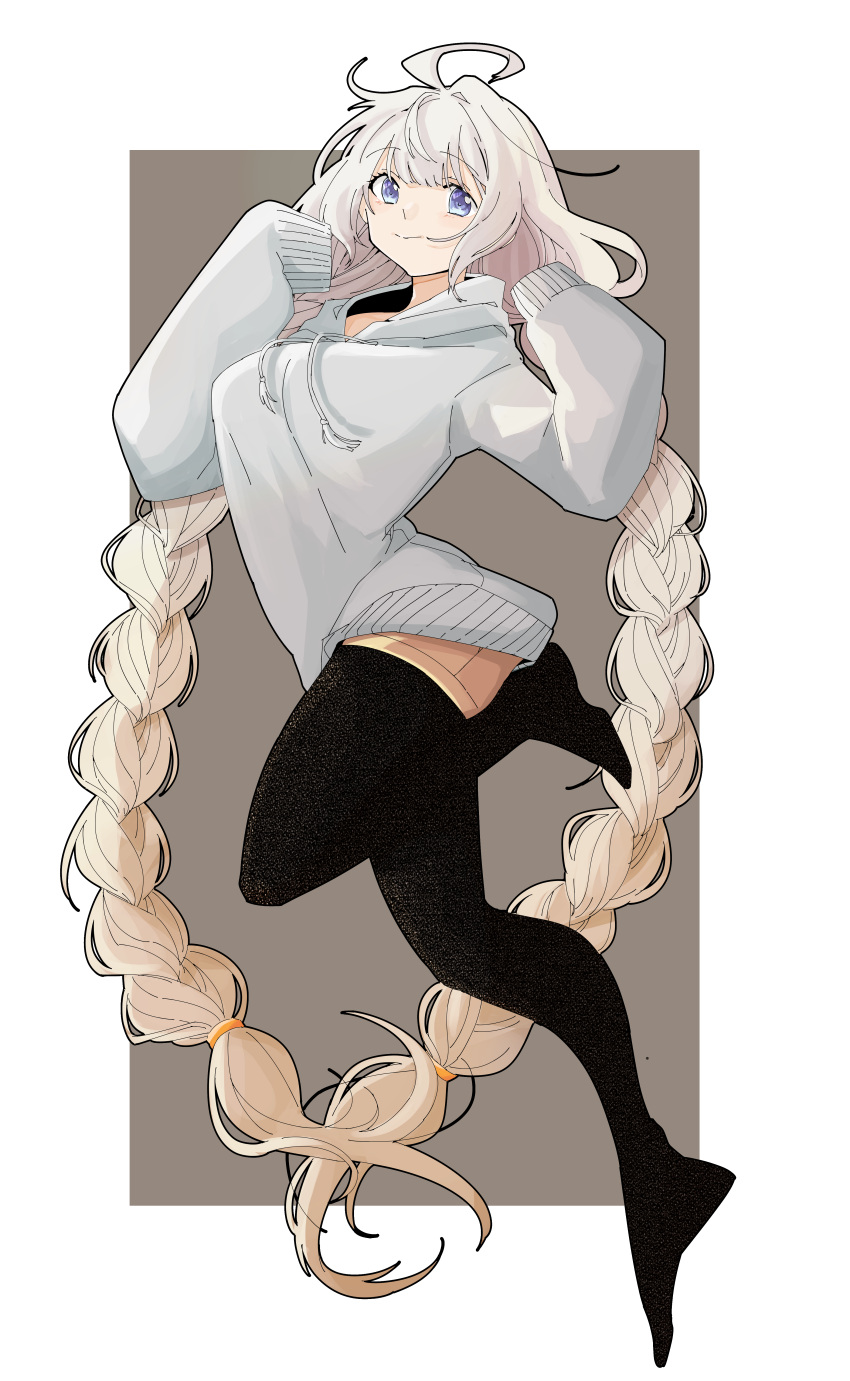 1girl, absurdres, ahoge, black_legwear, blue_eyes, braid, breasts, brown_background, commentary, framed_image, full_body, grey_sweater, highres, hood, hooded_sweater, kizuna_akari, large_breasts, leg_up, long_hair, looking_at_viewer, onion_jounouchi, pantyhose, platinum_blonde_hair, ribbed_sweater, sleeves_past_fingers, sleeves_past_wrists, smile, solo, sweater, twin_braids, twisted_torso, very_long_hair, voiceroid
