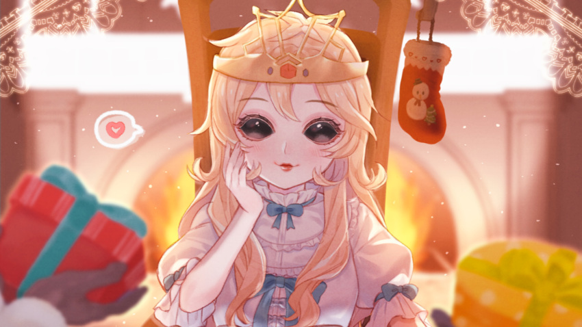 1girl, abe_(kumayu), black_eyes, blonde_hair, blue_ribbon, bow, christmas, collar