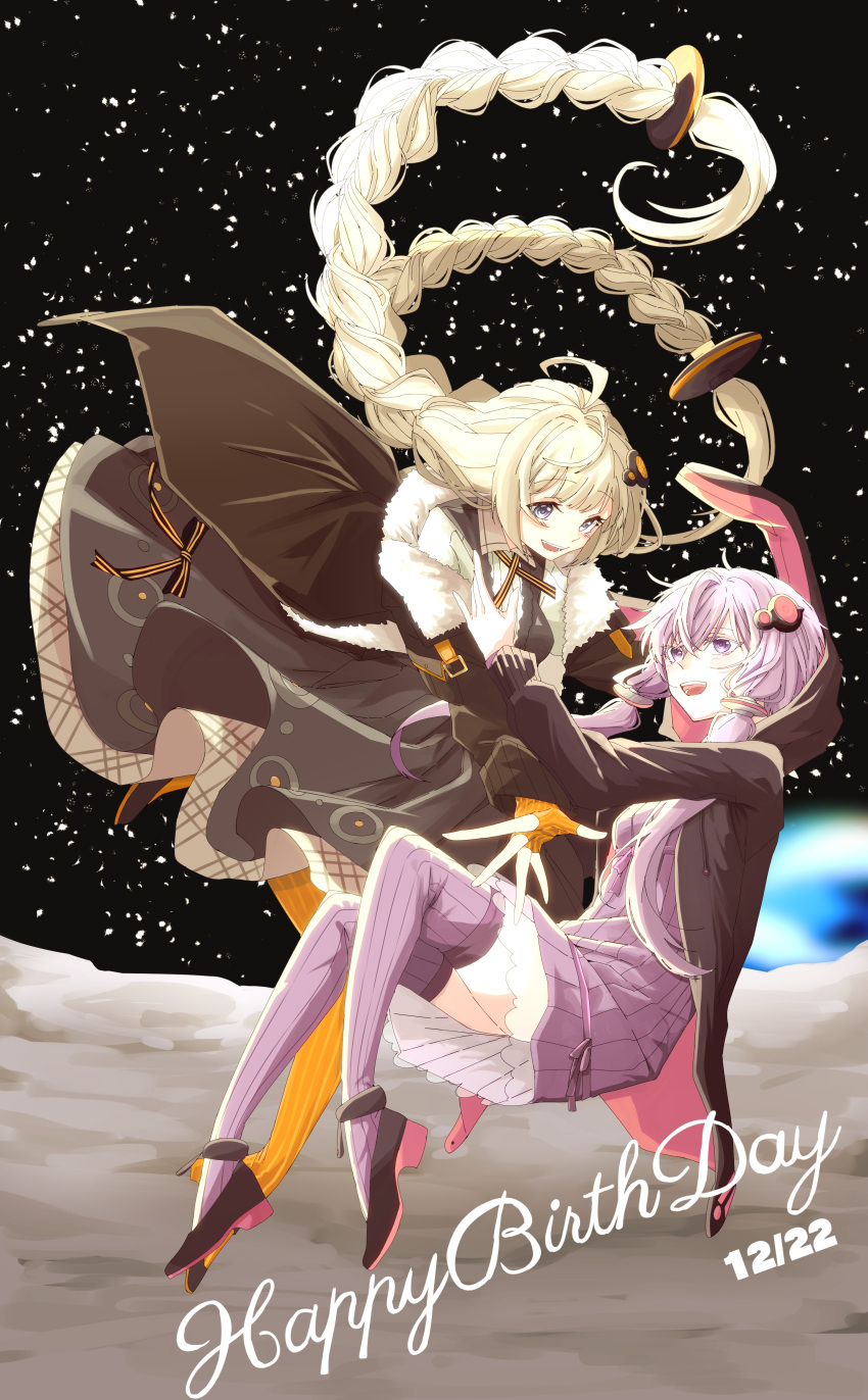 2girls, absurdres, animal_ears, black_coat, black_dress, black_jacket, blue_eyes, blurry