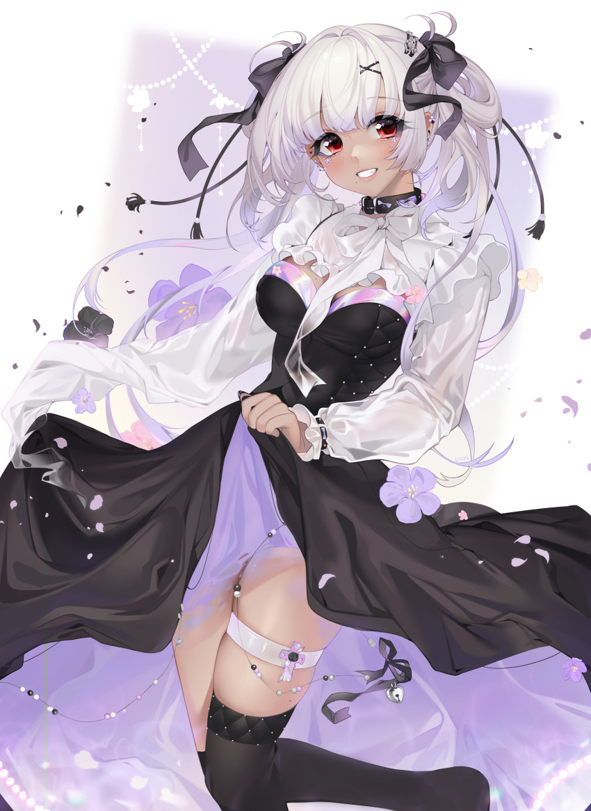 1girl, beads, bell, black_bow, black_dress, black_legwear, black_nails, black_ribbon