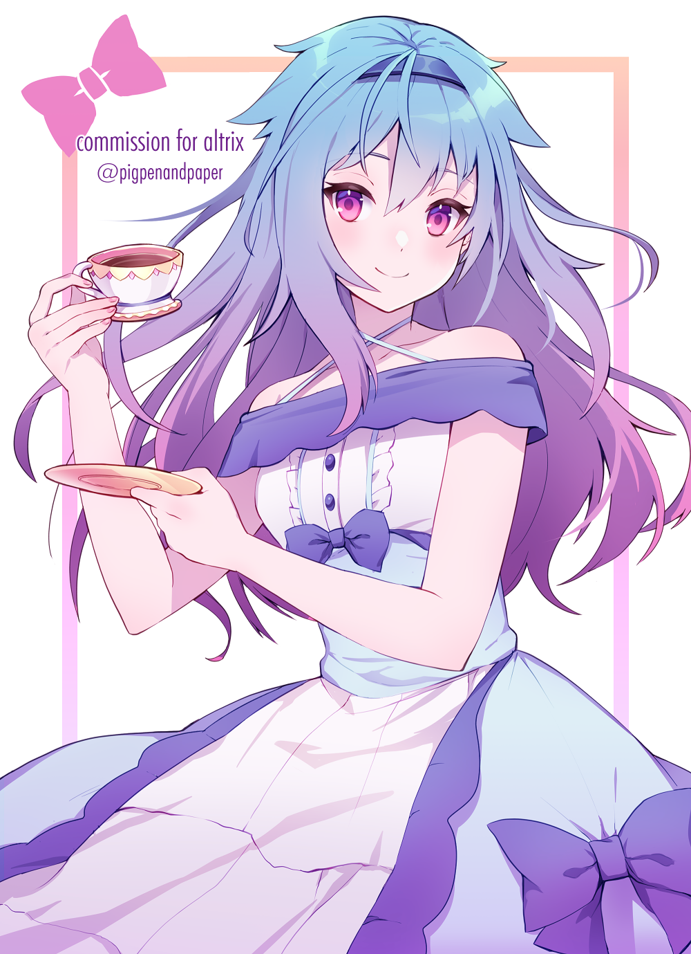 1girl, bangs, bare_shoulders, blue_bow, blue_hair, blue_hairband, blue_skirt, bow