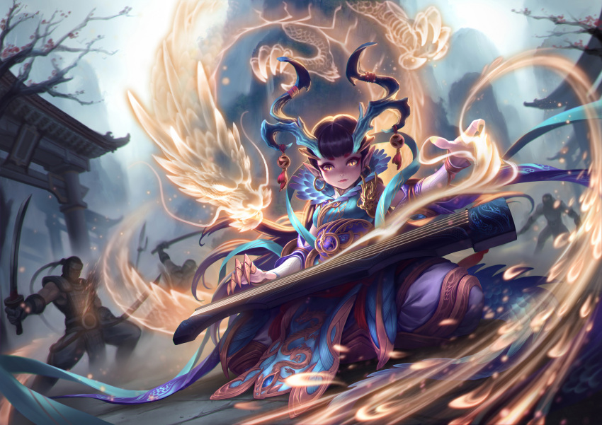 1girl, 3boys, :|, absurdres, arm_guards, battle, black_hair, branch