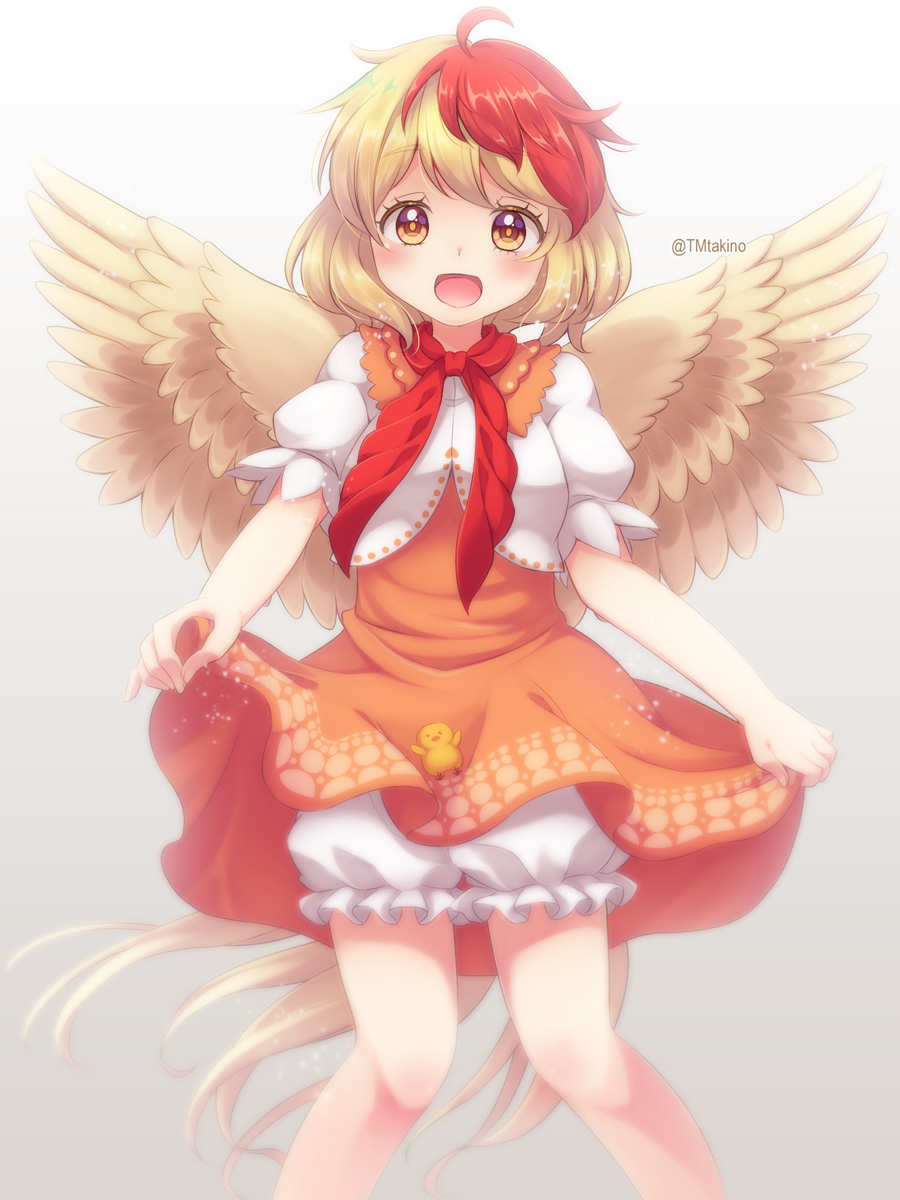 1girl, ahoge, bangs, bird, bird_tail, bird_wings, blonde_hair, bloomers