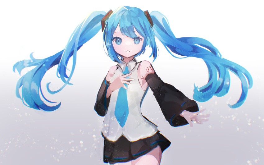 1girl, aqua_neckwear, bare_shoulders, black_skirt, black_sleeves, blue_eyes, blue_hair, commentary