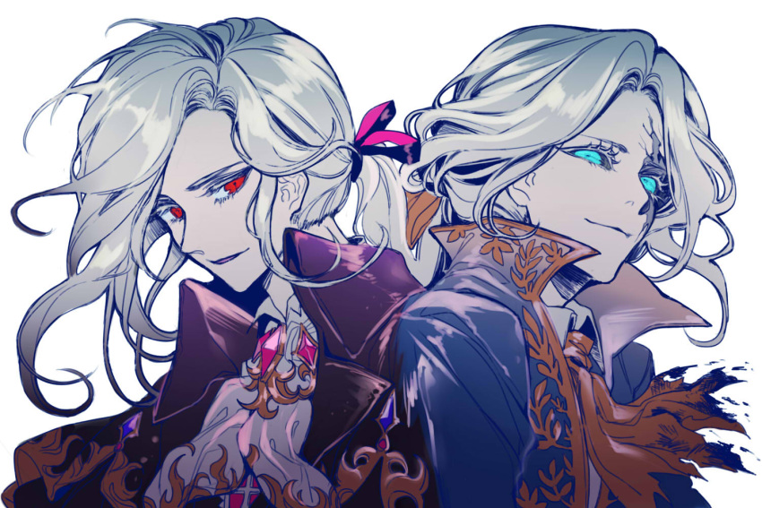2boys, black_capelet, blue_eyes, bow, brooch, capelet, coat, collared_shirt