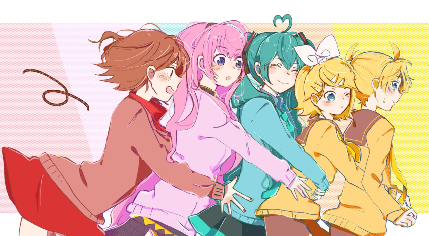 1boy, 4girls, ahoge, aqua_hair, bangs, belt, black_skirt, blonde_hair