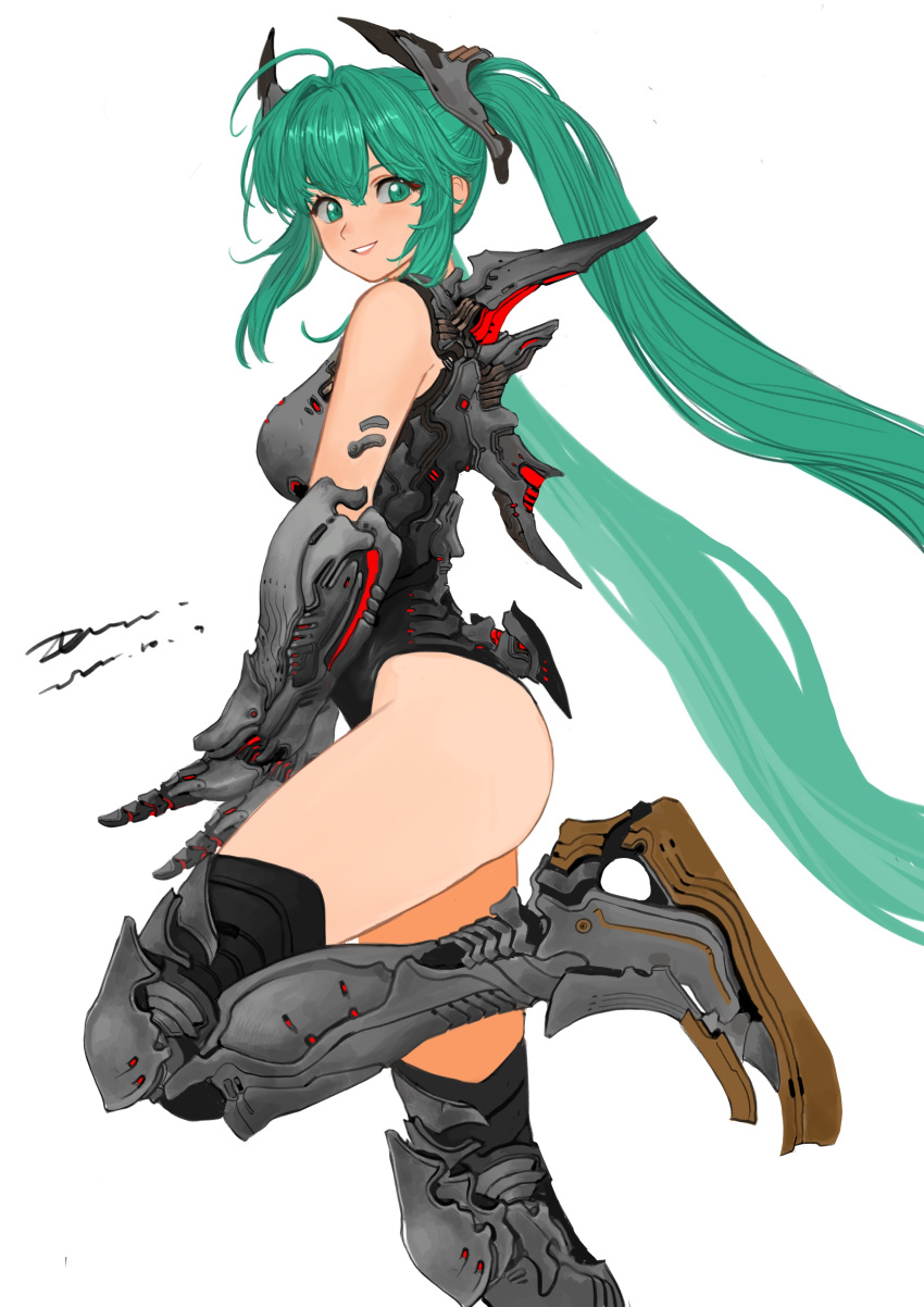 1girl, absurdres, alternate_costume, aqua_eyes, aqua_hair, breasts, devil_lo, elbow_gloves