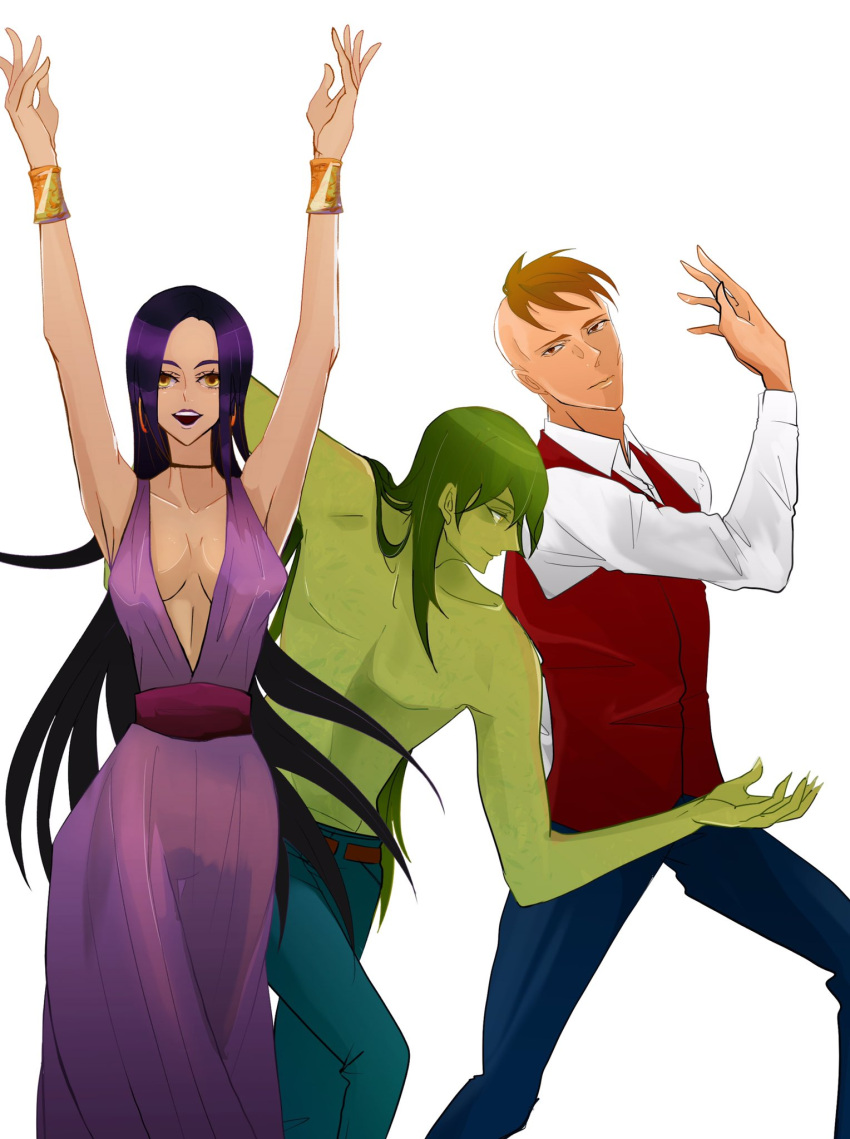 1girl, 2boys, aeka_(0ameiro0), black_hair, bracelet, choker, colored_skin, dress, evra_von, green_hair, green_skin, highres, jewelry, larten_crepsley, long_hair, monster_boy, multiple_boys, orange_hair, scales, scar, scar_on_cheek, scar_on_face, short_hair, smile, the_saga_of_darren_shan, truska, vest