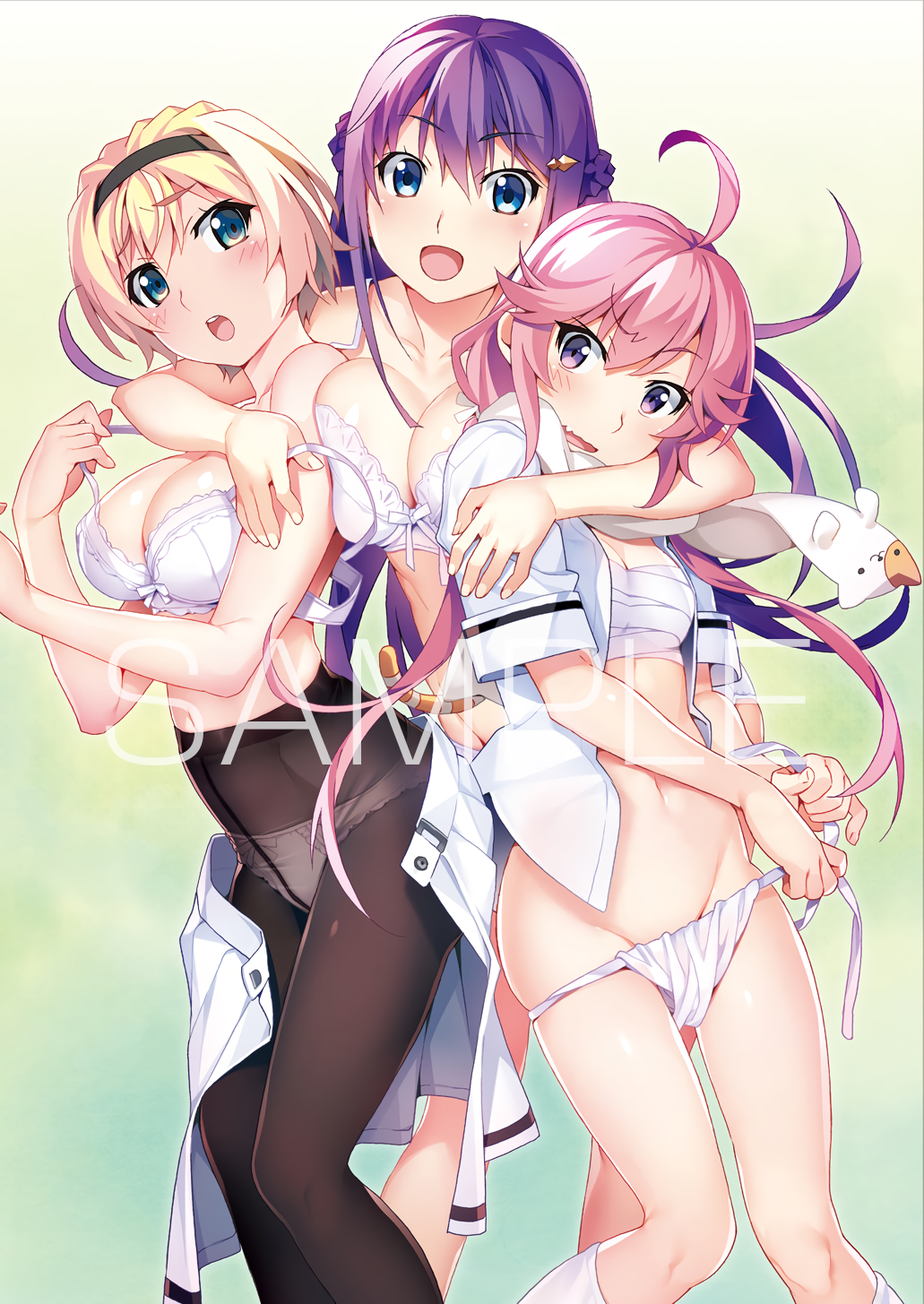 3girls, ahoge, aqua_eyes, blonde_hair, blue_eyes, braid, breasts, crotch_seam