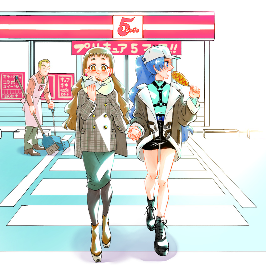 1boy, 2girls, apron, arisugawa_himari, baozi, bare_legs, baseball_cap, belt