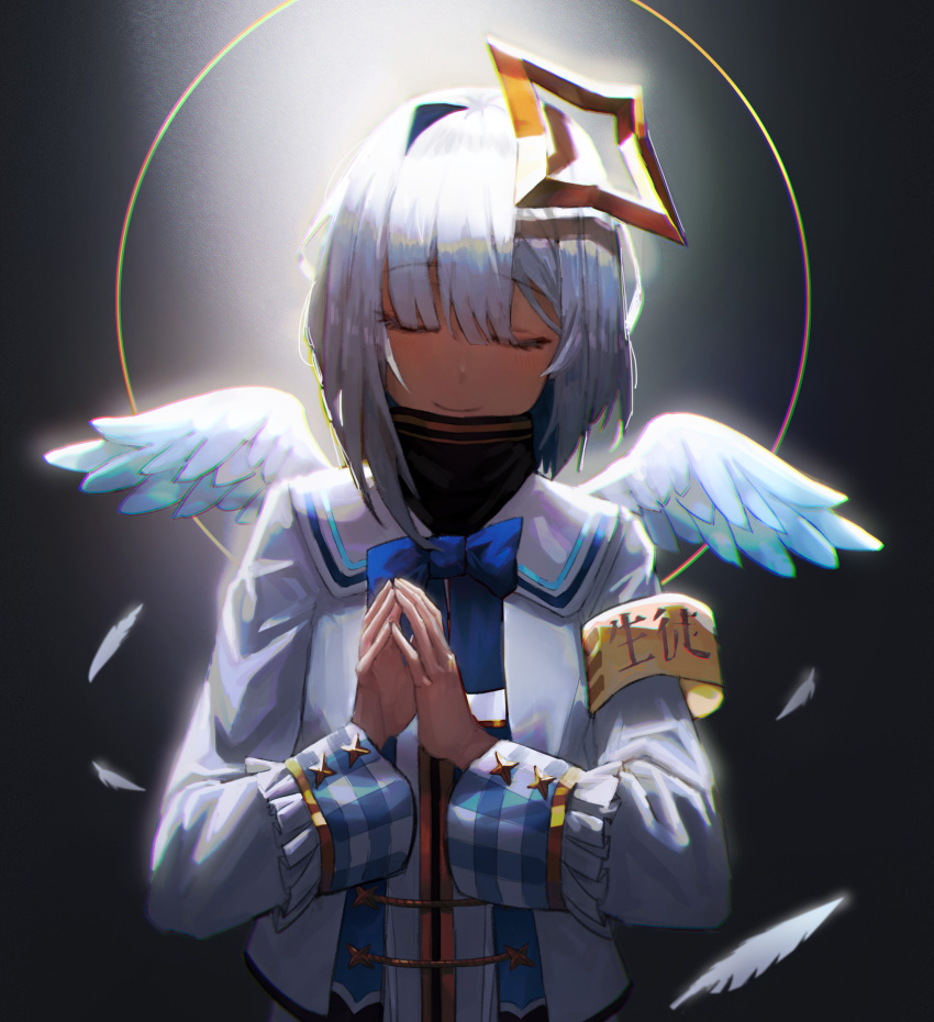 1girl, absurdres, amane_kanata, angel, angel_wings, armband, backlighting, black_background