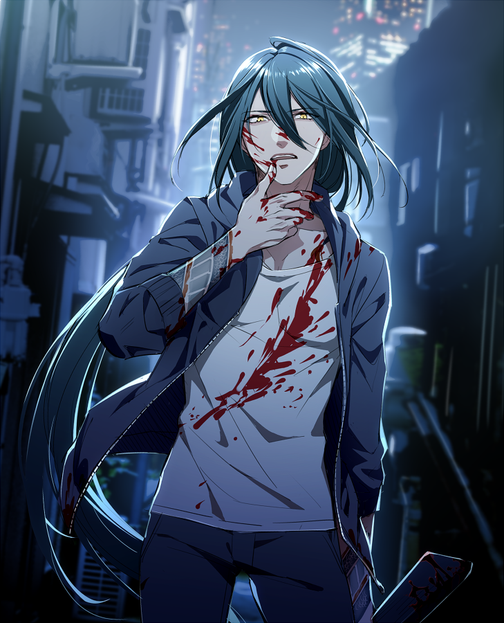 alternate_costume, bangs, blood, blood_on_face, bloody_clothes, city, fate/grand_order, fate_(series)