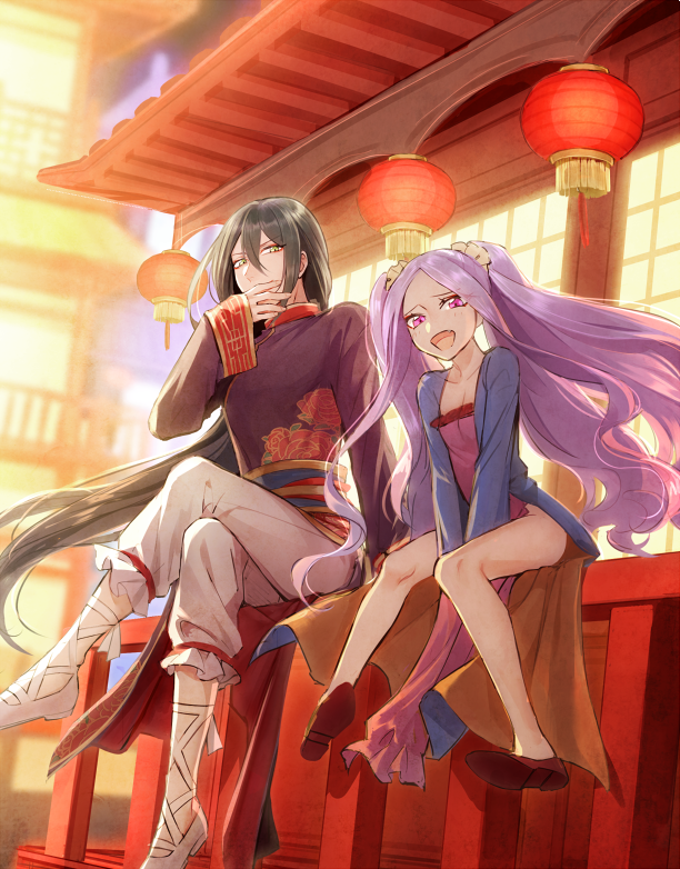 1boy, 1girl, black_hair, chinese_clothes, fate/grand_order, fate_(series), flat_chest, lantern