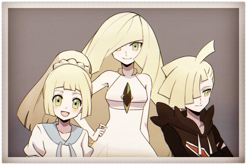 1boy, 2girls, ahoge, bangs, blonde_hair, blush, braid, closed_mouth, collarbone, commentary_request, dress, eyelashes, family, family_portrait, framed, gladion_(pokemon), green_eyes, hair_over_one_eye, hand_on_hip, highres, hood, hoodie, lillie_(pokemon), looking_at_viewer, lusamine_(pokemon), multiple_girls, open_mouth, pokemon, pokemon_(game), pokemon_sm, ponytail, sleeveless, sleeveless_dress, smile, tongue, watta02614129, white_dress