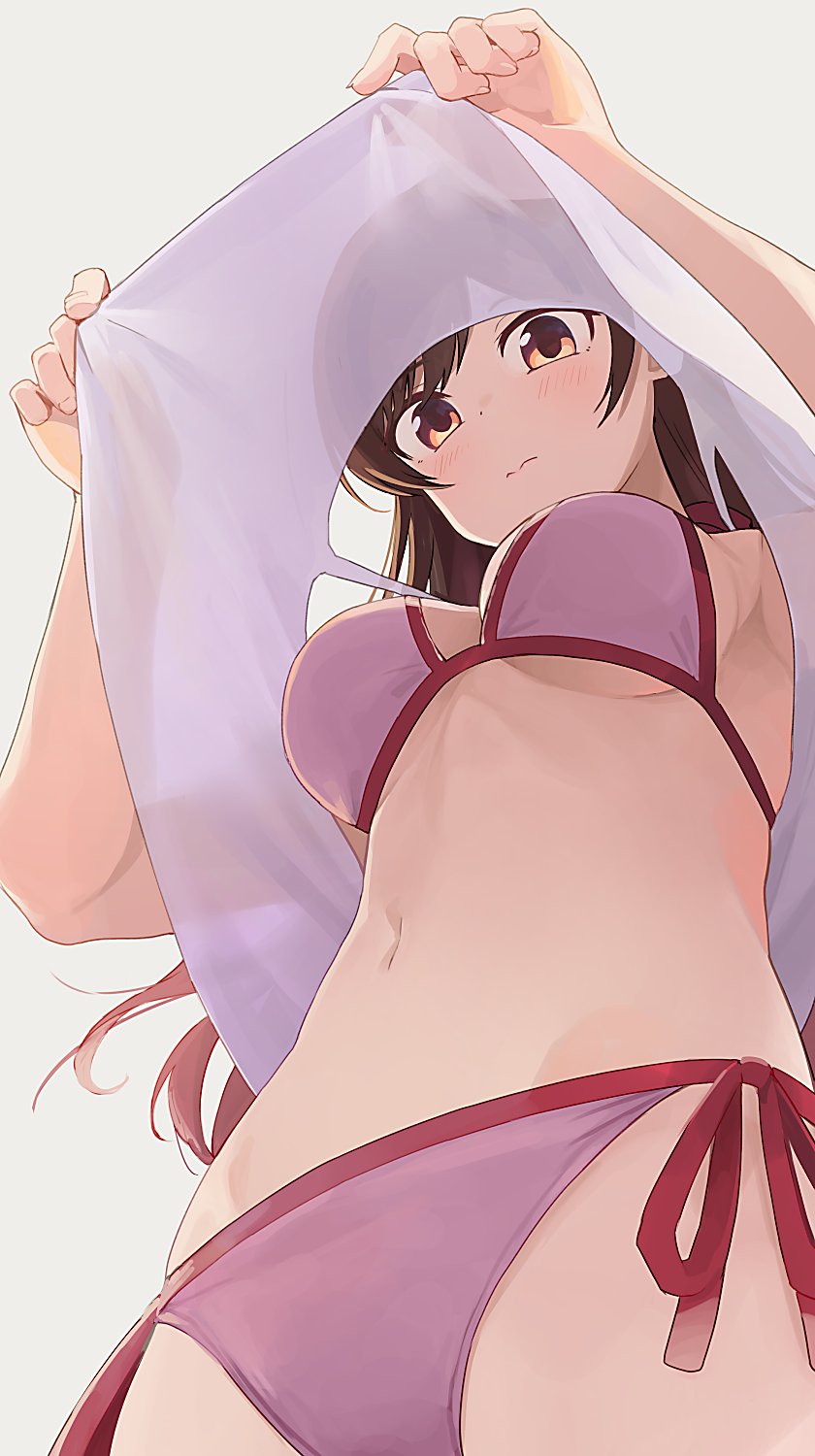 1girl, bangs, bikini, breasts, brown_eyes, brown_hair, closed_mouth, dot_nose