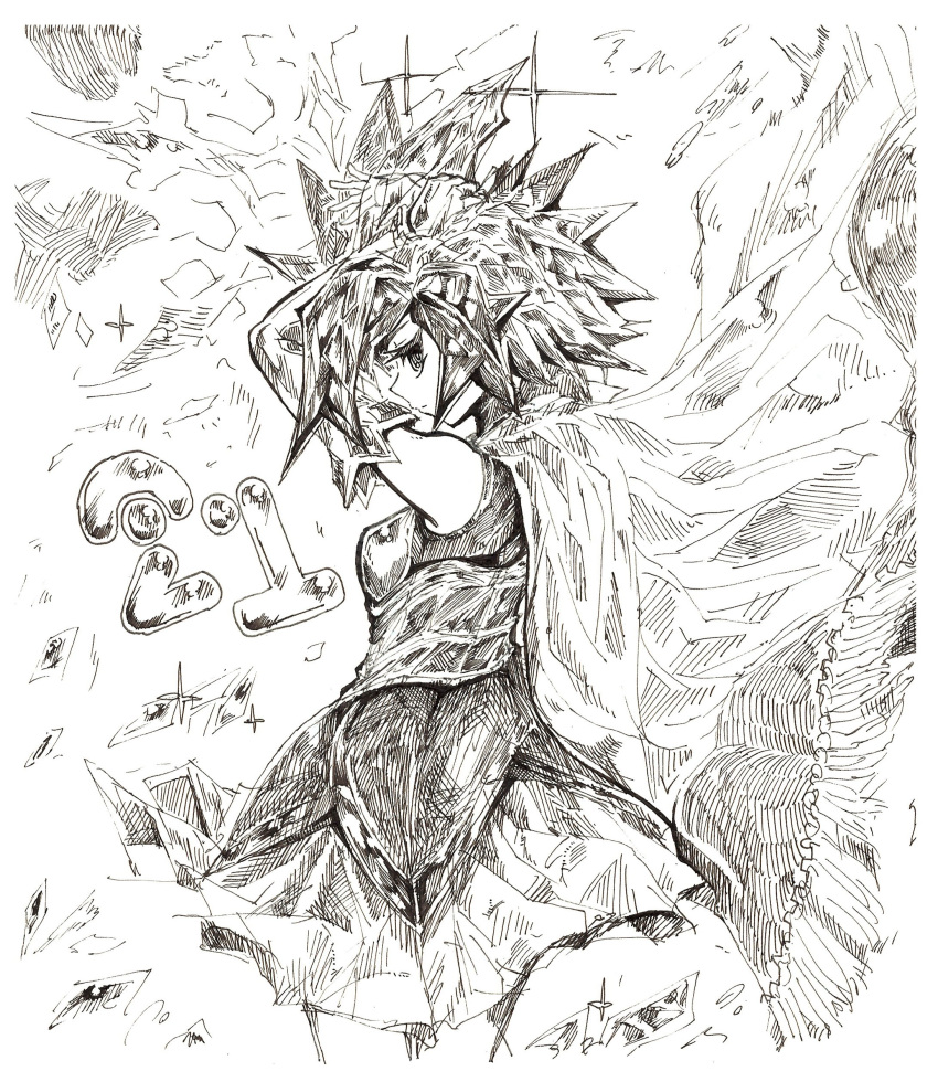 1girl, absurdres, breasts, capelet, cloak, dress, duel_monster, greyscale