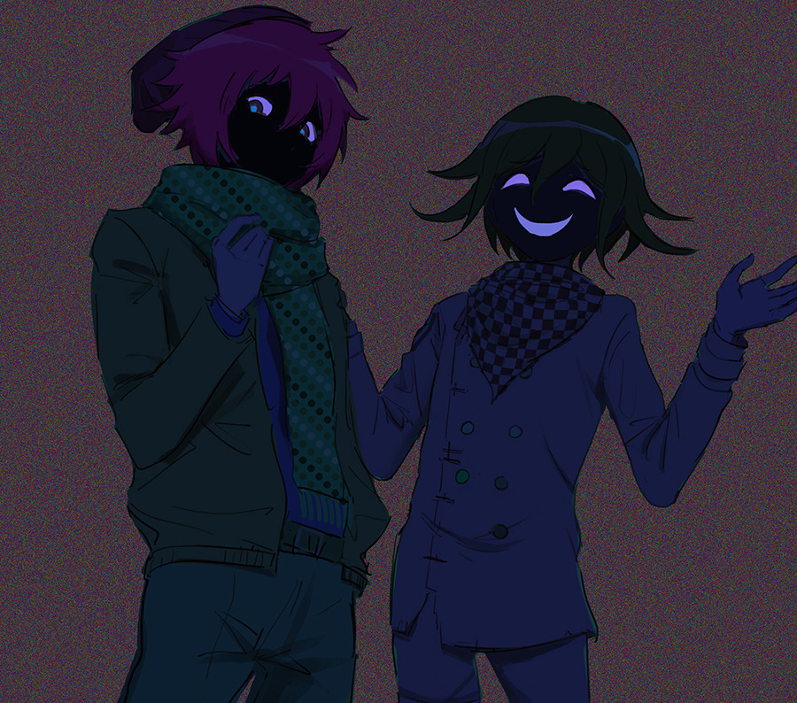 2boys, alternate_color, alternate_hair_color, blue_eyes, checkered, checkered_scarf, commentary, cowboy_shot