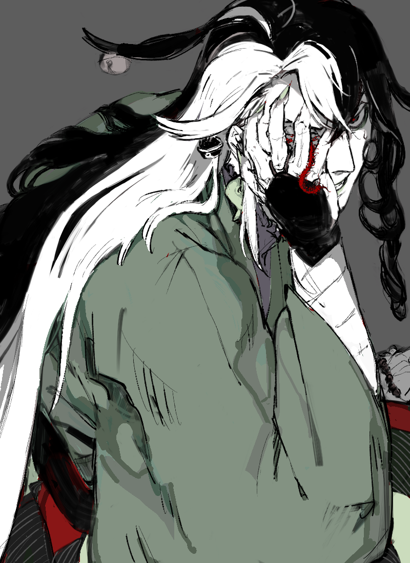 1boy, ashiya_douman_(fate), asymmetrical_hair, aves_plumbum9, bell, black_eyes, black_hair, bug
