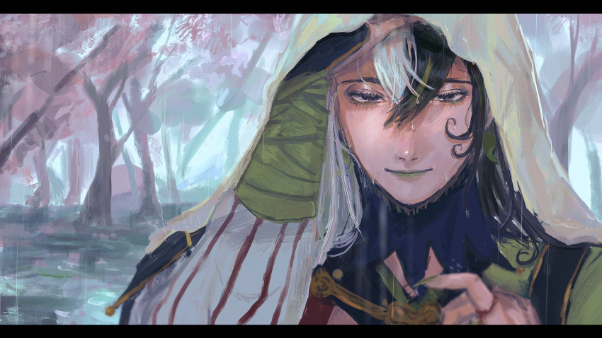 1boy, ashiya_douman_(fate), asymmetrical_clothes, asymmetrical_hair, black_eyes, black_hair, close-up, curly_hair