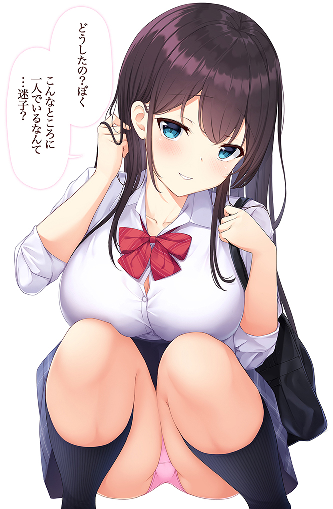 1girl, adjusting_hair, bag, bangs, black_legwear, blue_eyes, blue_skirt, blush, breasts, collared_shirt, commentary_request, dress_shirt, eyebrows_visible_through_hair, feet_out_of_frame, hicha_nomu, holding, holding_bag, large_breasts, long_hair, looking_at_viewer, neck_ribbon, original, panties, pantyshot, parted_lips, pink_panties, plaid, plaid_skirt, pleated_skirt, red_neckwear, ribbon, school_uniform, shirt, simple_background, skirt, smile, solo, speech_bubble, squatting, straight_hair, translation_request, underwear, white_background, white_shirt