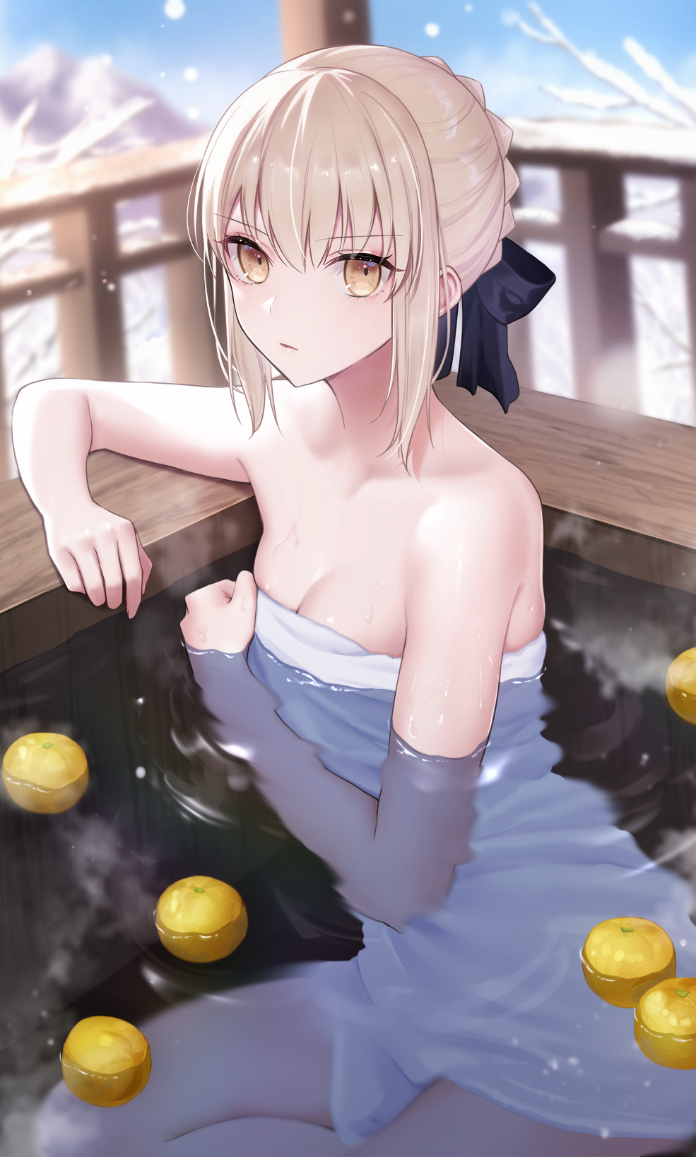1girl, artoria_pendragon_(all), bangs, bare_shoulders, bath, bathing, blonde_hair, braid