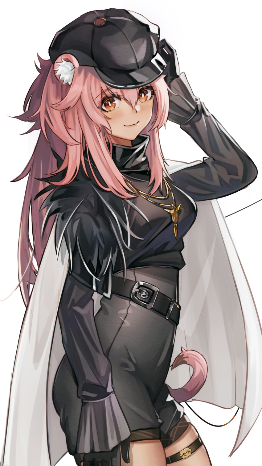 1girl, absurdres, animal_ear_fluff, arknights, arm_up, black_gloves, black_headwear, black_shorts