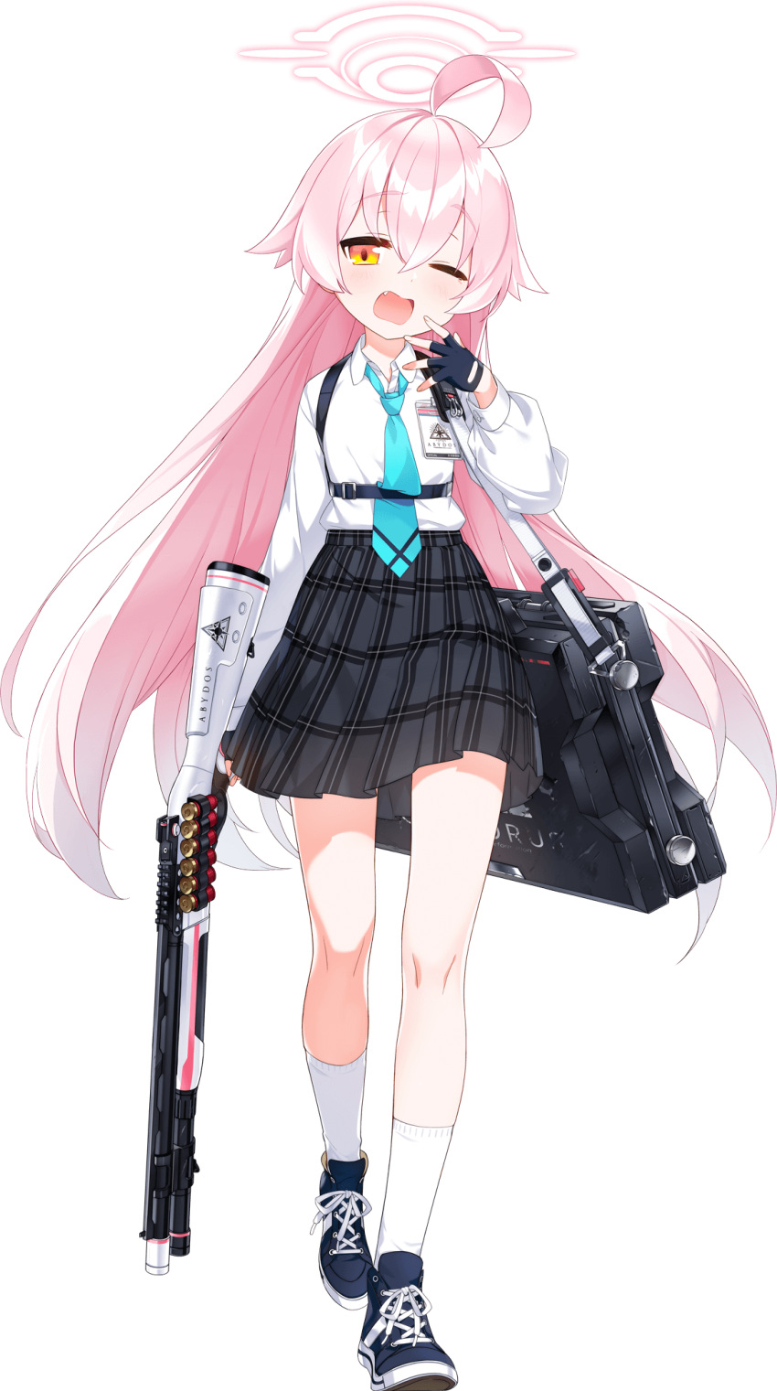 1girl, ahoge, blue_archive, fingerless_gloves, full_body, gloves, gun, gun_case