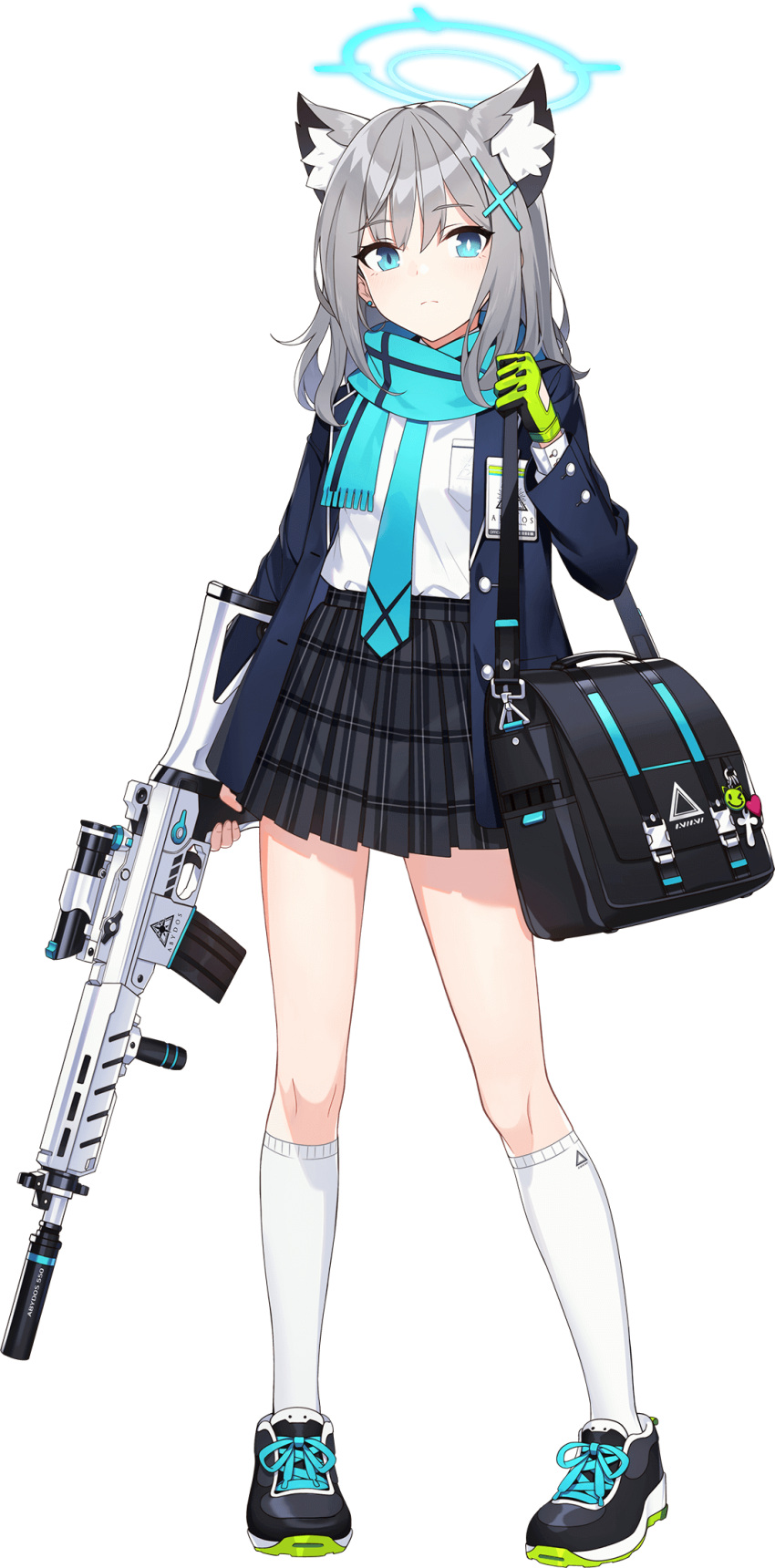 1girl, animal_ears, assault_rifle, bag, blue_archive, full_body, gloves, grey_hair, grip, gun, hair_ornament, hairclip, halo, highres, hwansang, magazine_(weapon), necktie, official_art, pleated_skirt, rifle, scarf, school_bag, school_uniform, shiroko_(blue_archive), shoes, sig_556, sig_sauer, skirt, sneakers, socks, solo, transparent_background, trigger_discipline, weapon