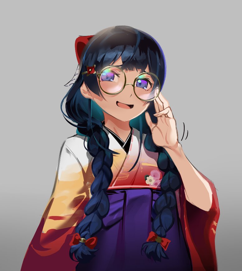 1girl, adjusting_eyewear, alternate_hairstyle, bespectacled, black_hair, bow, braid, glasses, grey_background, hair_bow, hair_ornament, hairclip, japanese_clothes, kimono, long_hair, looking_at_viewer, mapyuhin_za_puremiyamu, nijisanji, official_alternate_costume, parted_lips, round_eyewear, simple_background, smile, solo, tsukino_mito, twin_braids, twintails, violet_eyes, virtual_youtuber, wide_sleeves