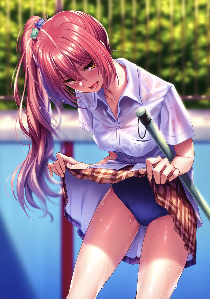 1girl, absurdres, blush, breasts, brown_eyes, brown_skirt, collared_shirt, cowboy_shot