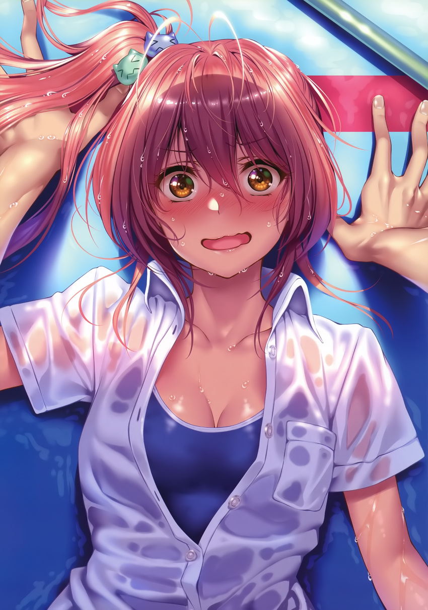 1girl, absurdres, bangs, blue_swimsuit, blush, breasts, brown_eyes, buttons