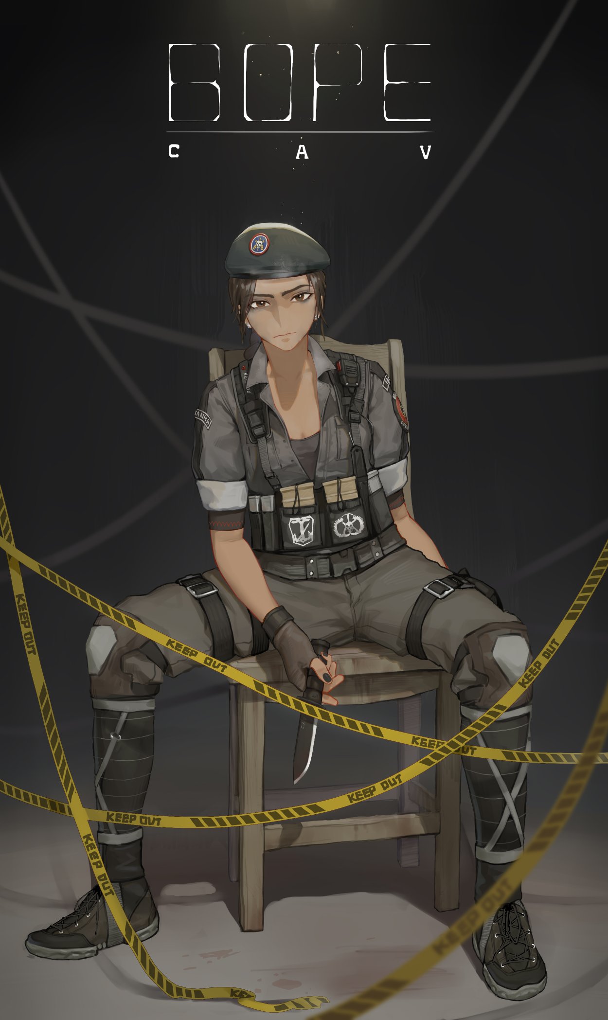 1girl, bags_under_eyes, beret, black_headwear, black_nails, bope, braid, breasts