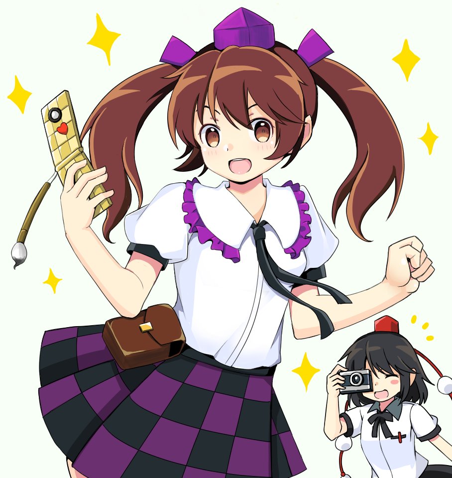 2girls, :d, bangs, black_hair, black_neckwear, blush, blush_stickers, breasts, brown_eyes, brown_hair, camera, cellphone, checkered, checkered_skirt, clenched_hand, closed_eyes, commentary_request, cowboy_shot, eyebrows_behind_hair, fanny_pack, fenikkusu_takahashi, flip_phone, frilled_shirt_collar, frills, hair_ribbon, hands_up, hat, himekaidou_hatate, holding, holding_camera, holding_phone, long_hair, looking_at_viewer, multiple_girls, necktie, open_mouth, phone, pom_pom_(clothes), puffy_short_sleeves, puffy_sleeves, purple_headwear, purple_ribbon, purple_skirt, red_headwear, ribbon, shameimaru_aya, shirt, short_hair, short_sleeves, simple_background, skirt, small_breasts, smile, sparkle_background, standing, tokin_hat, touhou, twintails, upper_body, white_background, white_shirt