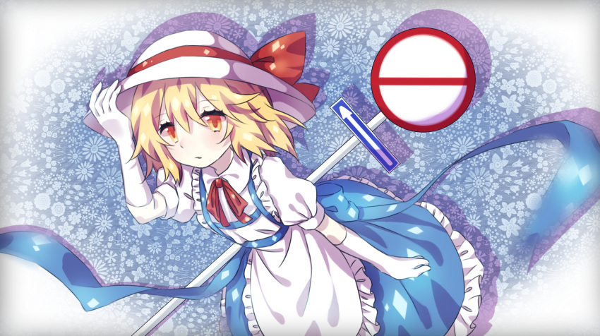 1girl, apron, blonde_hair, blue_background, blue_bow, blue_dress, bow, dress, elbow_gloves, eyebrows_visible_through_hair, eyelashes, floral_background, frilled_apron, frilled_dress, frills, gloves, guozimiao, hat, hat_bow, highres, holding, holding_clothes, holding_hat, kana_anaberal, light_blush, open_mouth, phantasmagoria_of_dim.dream, puffy_short_sleeves, puffy_sleeves, red_bow, red_ribbon, ribbon, road_sign, short_hair, short_sleeves, sign, touhou, touhou_(pc-98), white_apron, white_headwear, yellow_eyes