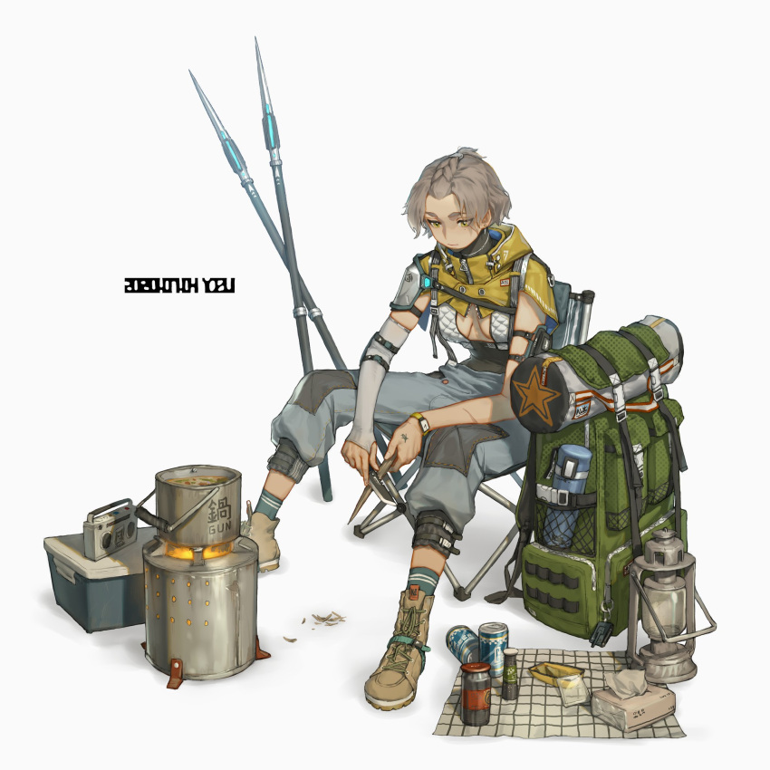 1girl, ankle_boots, arm_pouch, artist_name, backpack, bag, bangs_pinned_back, blue_legwear