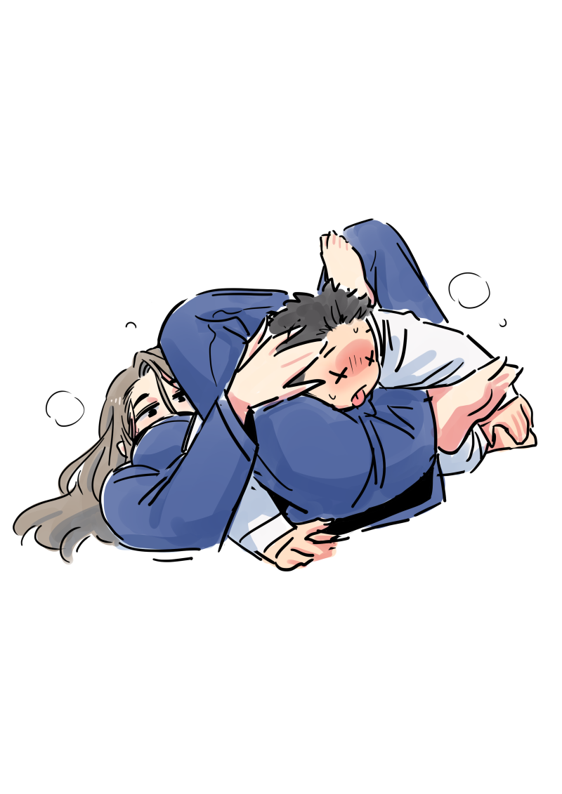 1boy, 1girl, barefoot, black_eyes, breasts, brown_hair, dougi, full_body, half-closed_eyes, large_breasts, leg_lock, long_hair, lying, martial_arts, on_back, original, royal_tea, soles, sweat, toes, tongue, tongue_out, wrestling, x_x