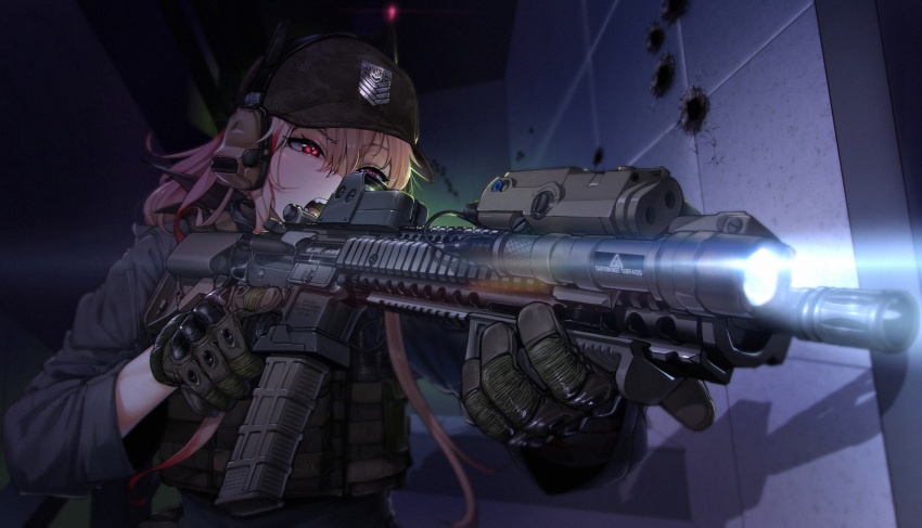 1girl, assault_rifle, bangs, bullet_hole, duplicate, foreshortening, girls_frontline, gloves