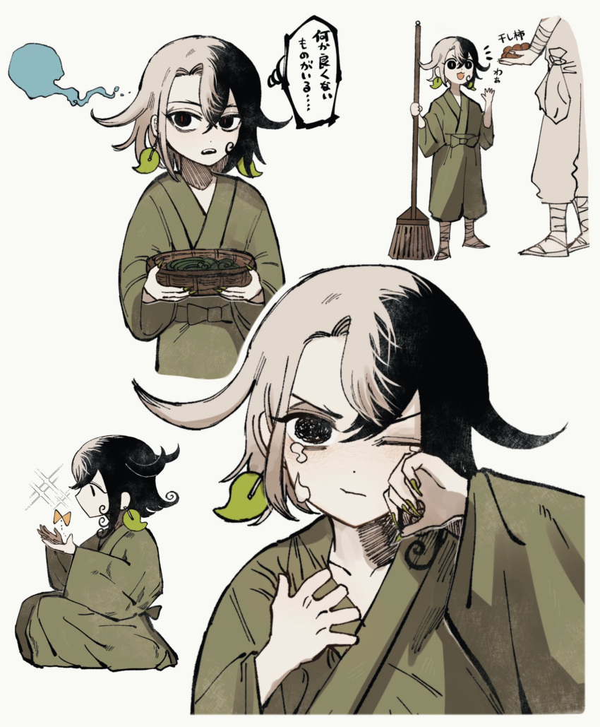 1boy, ashiya_douman_(fate), asymmetrical_hair, black_eyes, black_hair, child, collage, curly_hair, earrings, fate/grand_order, fate_(series), fingernails, green_kimono, green_nails, hair_between_eyes, highres, japanese_clothes, jewelry, kimono, long_hair, magatama, magatama_earrings, male_focus, multicolored_hair, o-djiko, sharp_fingernails, solo_focus, translation_request, two-tone_hair, very_long_fingernails, very_long_hair, white_hair, younger