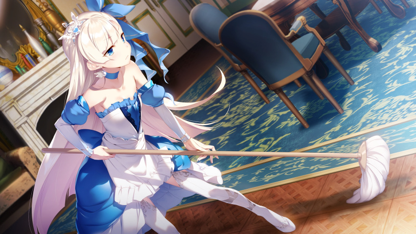 bangs, blue_eyes, blue_neckwear, blunt_ends, chair, choker, cinderella_(girls_book_maker), cleaning