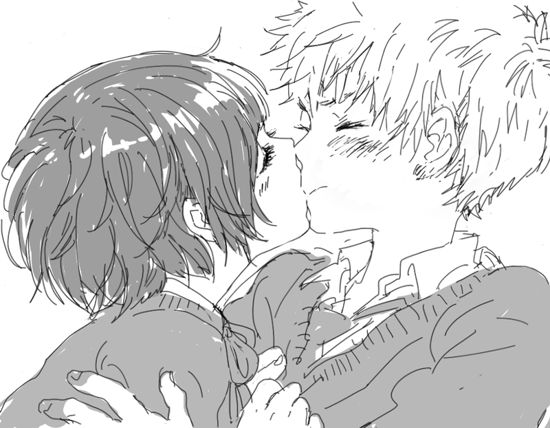 1boy, 1girl, blush, clenched_hands, closed_eyes, closed_mouth, collared_shirt, commentary, couple, english_commentary, eyelashes, face-to-face, from_side, furrowed_eyebrows, greyscale, hand_on_another's_shoulder, hands_on_another's_chest, hands_up, hetero, kiss, lenny-tree, monochrome, neck_ribbon, necktie, original, portrait, profile, ribbon, shirt, short_hair, simple_background, white_background