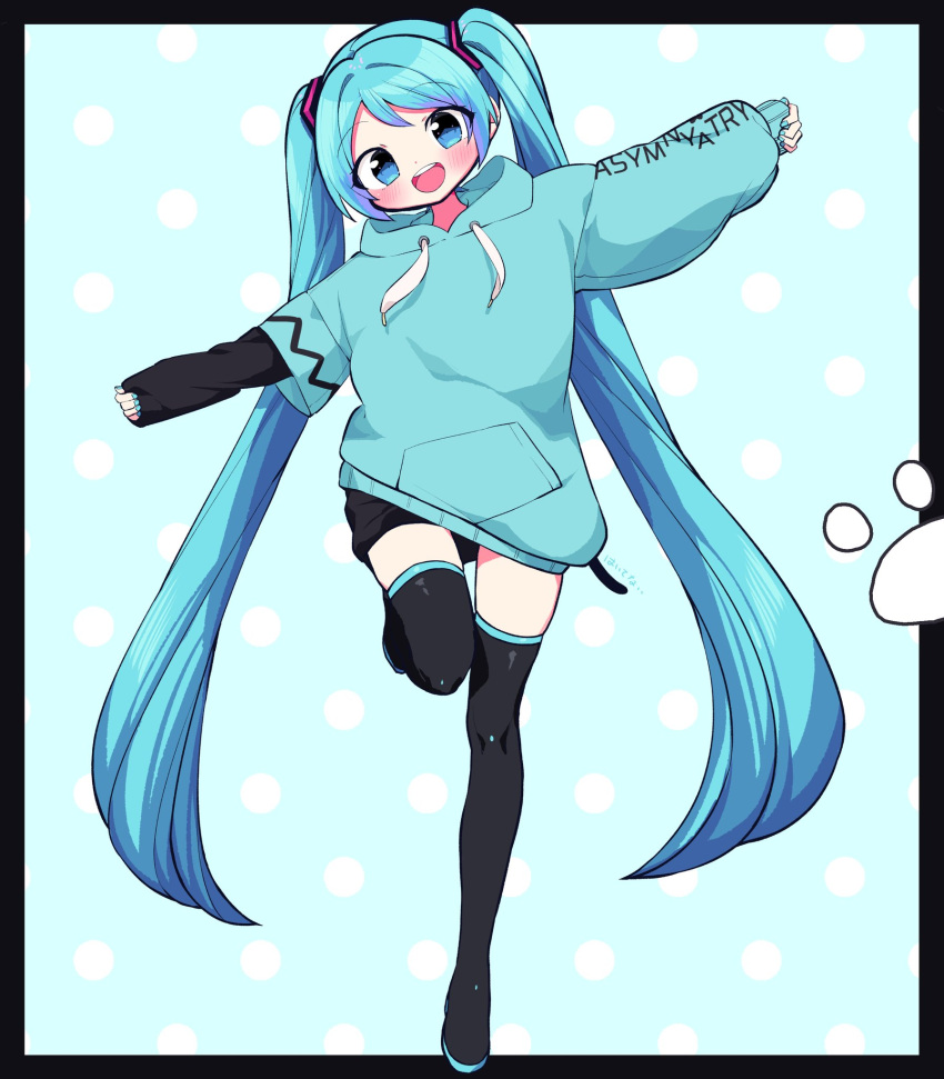 1girl, aqua_background, aqua_eyes, aqua_hair, aqua_hoodie, aqua_nails, asymmetrical_sleeves, black_legwear, black_shorts, black_sleeves, blush, clothes_writing, commentary, drawstring, full_body, hair_ornament, hatsune_miku, highres, hood, hoodie, kasaki_sakura, leg_up, long_hair, looking_at_viewer, nail_polish, open_mouth, outstretched_arms, paw_print, polka_dot, polka_dot_background, shorts, sleeves_past_wrists, smile, solo, standing, standing_on_one_leg, thigh-highs, twintails, very_long_hair, vocaloid