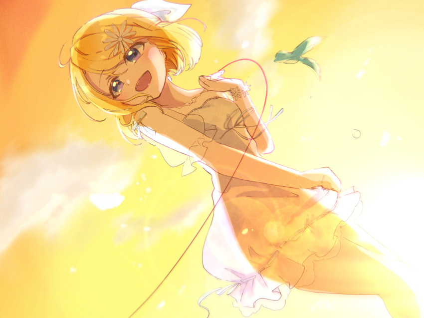 1girl, bird, blonde_hair, blue_eyes, bow, commentary, contrapposto, cowboy_shot