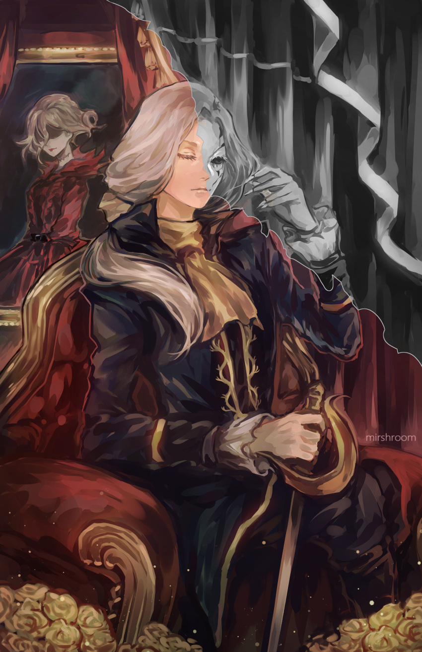 1boy, 1girl, absurdres, armchair, artist_name, black_eyes, blue_coat, boots