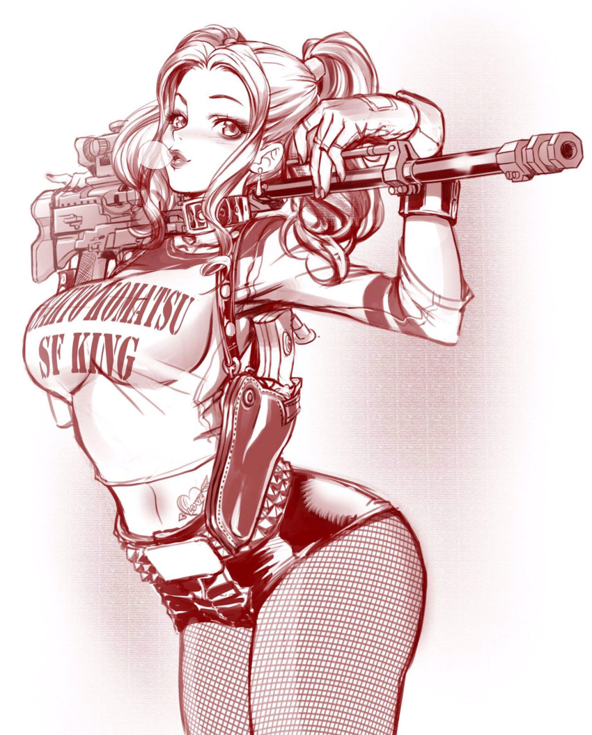 1girl, breasts, bubble_blowing, dc_comics, fingerless_gloves, fishnets, forehead, gloves, gun, hair_behind_ear, harley_quinn, highres, holding, holding_gun, holding_weapon, holstered_weapon, leaning_forward, leather_shorts, maeda_hiroyuki, medium_breasts, monochrome, navel, rifle, short_shorts, shorts, sniper_rifle, solo, suicide_squad, tattoo, twintails, weapon