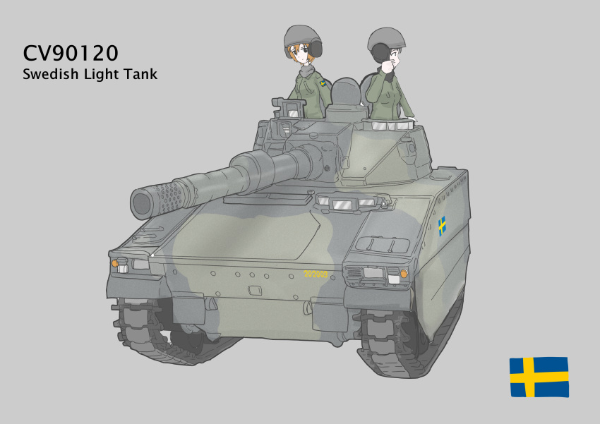 2girls, absurdres, breast_pocket, camouflage_paint, cannon, cv90, green_jacket, ground_vehicle, headset, helmet, highres, holding, holding_microphone, jacket, light_tank, looking_at_viewer, looking_to_the_side, microphone, military, military_vehicle, motor_vehicle, multiple_girls, open_hatch, original, pocket, redhead, scarf, simple_background, swedish_flag, swedish_uniform, tank, uniform, user_srvd8725